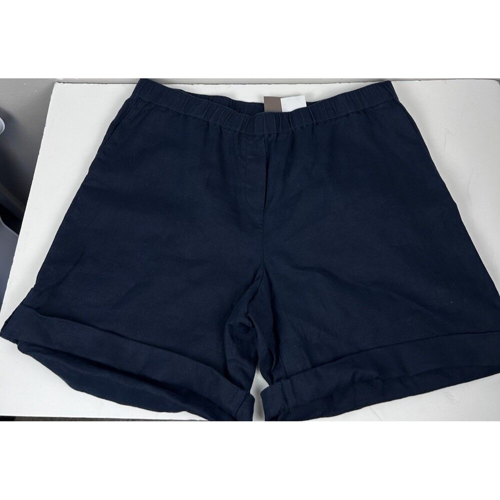 J. Jill Navy Blue Linen Elastic Waist Shorts Size Large Pockets Cuffed NWT